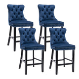 NNEDSZ 4X Velvet Bar Stools with Studs Trim Wooden Legs Tufted Dining Chairs Kitchen
