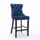 NNEDSZ 4X Velvet Bar Stools with Studs Trim Wooden Legs Tufted Dining Chairs Kitchen