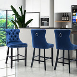 NNEDSZ 4X Velvet Bar Stools with Studs Trim Wooden Legs Tufted Dining Chairs Kitchen