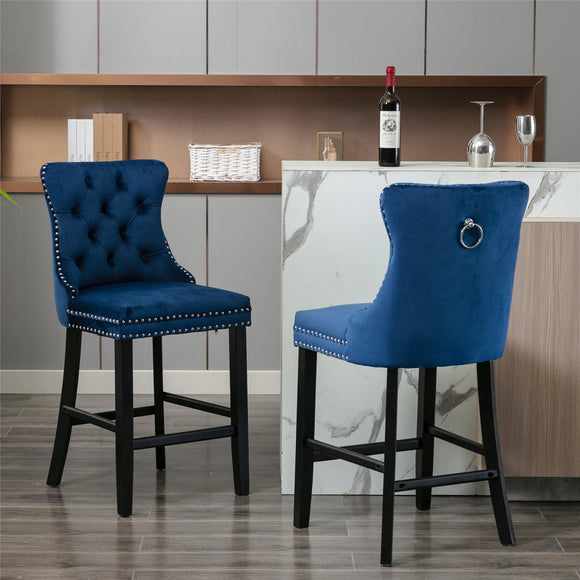 NNEDSZ 2X Velvet Bar Stools with Studs Trim Wooden Legs Tufted Dining Chairs Kitchen