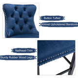 NNEDSZ 2X Velvet Bar Stools with Studs Trim Wooden Legs Tufted Dining Chairs Kitchen