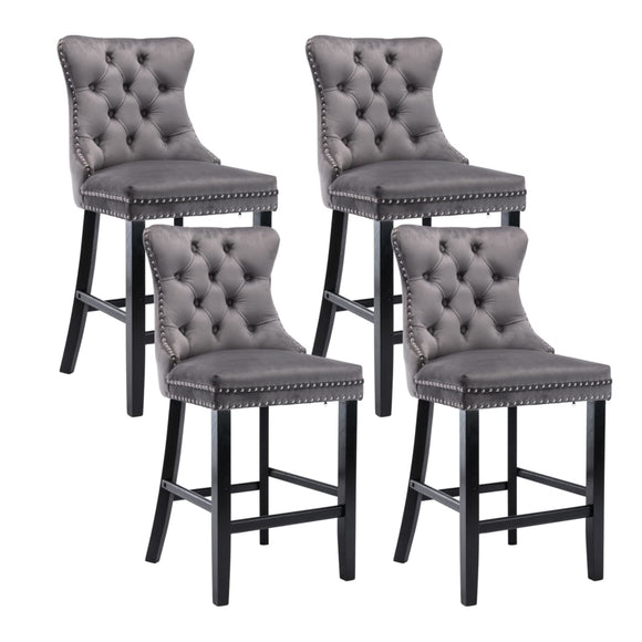 NNEDSZ 4X Velvet Bar Stools with Studs Trim Wooden Legs Tufted Dining Chairs Kitchen