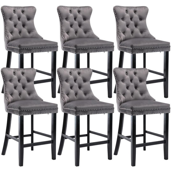 NNEDSZ 6X Velvet Bar Stools with Studs Trim Wooden Legs Tufted Dining Chairs Kitchen