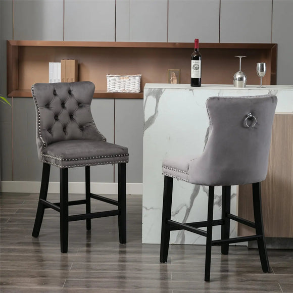 NNEDSZ 2X Velvet Bar Stools with Studs Trim Wooden Legs Tufted Dining Chairs Kitchen