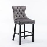 NNEDSZ 2X Velvet Bar Stools with Studs Trim Wooden Legs Tufted Dining Chairs Kitchen
