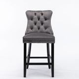 NNEDSZ 2X Velvet Bar Stools with Studs Trim Wooden Legs Tufted Dining Chairs Kitchen