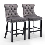 NNEDSZ 2X Velvet Bar Stools with Studs Trim Wooden Legs Tufted Dining Chairs Kitchen