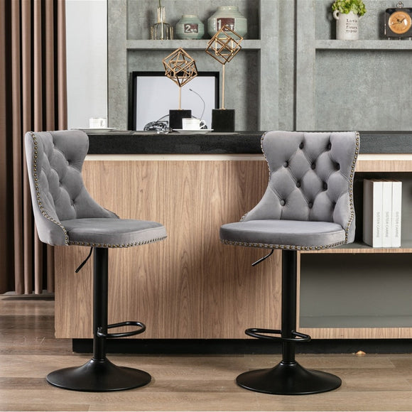 NNEDSZ 2x Height Adjustable Swivel Bar Stool Velvet Nailhead Barstool with Footrest