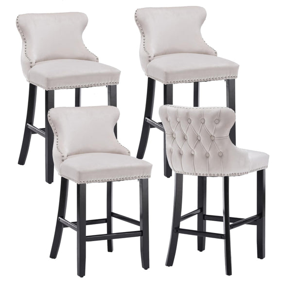 NNEDSZ 4x Velvet Upholstered Button Tufted Bar Stools with Wood Legs and Studs-Beige