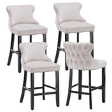 NNEDSZ 4x Velvet Upholstered Button Tufted Bar Stools with Wood Legs and Studs-Beige