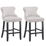 NNEDSZ 4x Velvet Upholstered Button Tufted Bar Stools with Wood Legs and Studs-Beige
