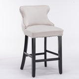 NNEDSZ 4x Velvet Upholstered Button Tufted Bar Stools with Wood Legs and Studs-Beige