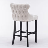 NNEDSZ 4x Velvet Upholstered Button Tufted Bar Stools with Wood Legs and Studs-Beige