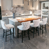 NNEDSZ 4x Velvet Upholstered Button Tufted Bar Stools with Wood Legs and Studs-Beige