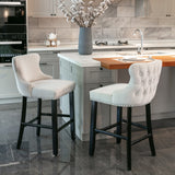 NNEDSZ 4x Velvet Upholstered Button Tufted Bar Stools with Wood Legs and Studs-Beige