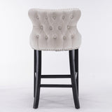 NNEDSZ 2x Velvet Upholstered Button Tufted Bar Stools with Wood Legs and Studs-Beige