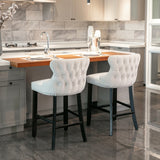 NNEDSZ 2x Velvet Upholstered Button Tufted Bar Stools with Wood Legs and Studs-Beige