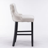 NNEDSZ 2x Velvet Upholstered Button Tufted Bar Stools with Wood Legs and Studs-Beige
