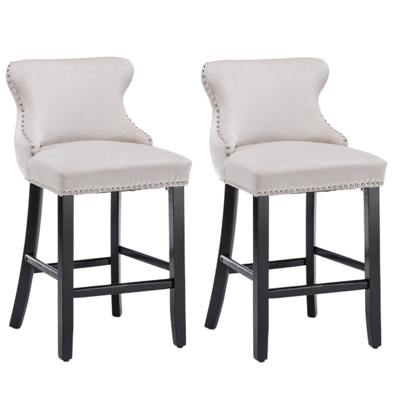NNEDSZ 2x Velvet Upholstered Button Tufted Bar Stools with Wood Legs and Studs-Beige