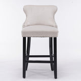 NNEDSZ 2x Velvet Upholstered Button Tufted Bar Stools with Wood Legs and Studs-Beige
