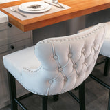 NNEDSZ 2x Velvet Upholstered Button Tufted Bar Stools with Wood Legs and Studs-Beige