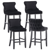 NNEDSZ 4x Velvet Upholstered Button Tufted Bar Stools with Wood Legs and Studs-Black