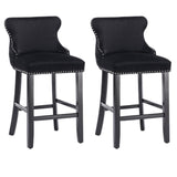 NNEDSZ 4x Velvet Upholstered Button Tufted Bar Stools with Wood Legs and Studs-Black