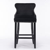 NNEDSZ 4x Velvet Upholstered Button Tufted Bar Stools with Wood Legs and Studs-Black