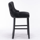 NNEDSZ 4x Velvet Upholstered Button Tufted Bar Stools with Wood Legs and Studs-Black
