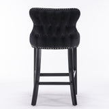 NNEDSZ 4x Velvet Upholstered Button Tufted Bar Stools with Wood Legs and Studs-Black