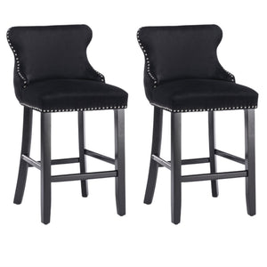 NNEDSZ 2x Velvet Upholstered Button Tufted Bar Stools with Wood Legs and Studs-Black