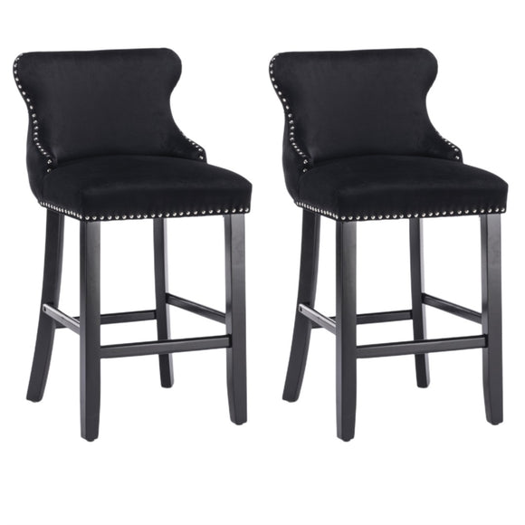 NNEDSZ 2x Velvet Upholstered Button Tufted Bar Stools with Wood Legs and Studs-Black