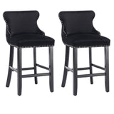 NNEDSZ 2x Velvet Upholstered Button Tufted Bar Stools with Wood Legs and Studs-Black