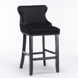 NNEDSZ 2x Velvet Upholstered Button Tufted Bar Stools with Wood Legs and Studs-Black