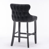 NNEDSZ 2x Velvet Upholstered Button Tufted Bar Stools with Wood Legs and Studs-Black