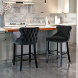 NNEDSZ 2x Velvet Upholstered Button Tufted Bar Stools with Wood Legs and Studs-Black