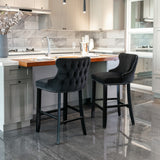 NNEDSZ 2x Velvet Upholstered Button Tufted Bar Stools with Wood Legs and Studs-Black