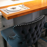 NNEDSZ 2x Velvet Upholstered Button Tufted Bar Stools with Wood Legs and Studs-Black