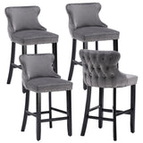 NNEDSZ 4x Velvet Upholstered Button Tufted Bar Stools with Wood Legs and Studs-Grey