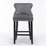 NNEDSZ 4x Velvet Upholstered Button Tufted Bar Stools with Wood Legs and Studs-Grey