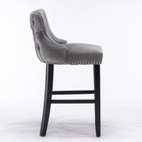 NNEDSZ 4x Velvet Upholstered Button Tufted Bar Stools with Wood Legs and Studs-Grey