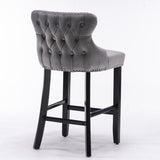 NNEDSZ 4x Velvet Upholstered Button Tufted Bar Stools with Wood Legs and Studs-Grey