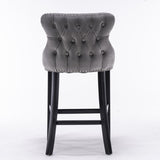 NNEDSZ 4x Velvet Upholstered Button Tufted Bar Stools with Wood Legs and Studs-Grey