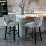 NNEDSZ 4x Velvet Upholstered Button Tufted Bar Stools with Wood Legs and Studs-Grey