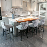 NNEDSZ 4x Velvet Upholstered Button Tufted Bar Stools with Wood Legs and Studs-Grey