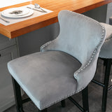 NNEDSZ 4x Velvet Upholstered Button Tufted Bar Stools with Wood Legs and Studs-Grey