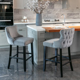 NNEDSZ 2x Velvet Upholstered Button Tufted Bar Stools with Wood Legs and Studs-Grey