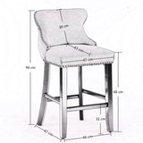 NNEDSZ 2x Velvet Upholstered Button Tufted Bar Stools with Wood Legs and Studs-Grey