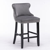 NNEDSZ 2x Velvet Upholstered Button Tufted Bar Stools with Wood Legs and Studs-Grey