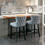 NNEDSZ 2x Velvet Upholstered Button Tufted Bar Stools with Wood Legs and Studs-Grey